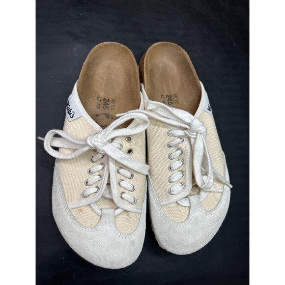 Birkis Womens Canvas & Suede Slip-On Sneaker Shoes Beige Size 7 EU38 Cork Sole - Picture 3 of 9